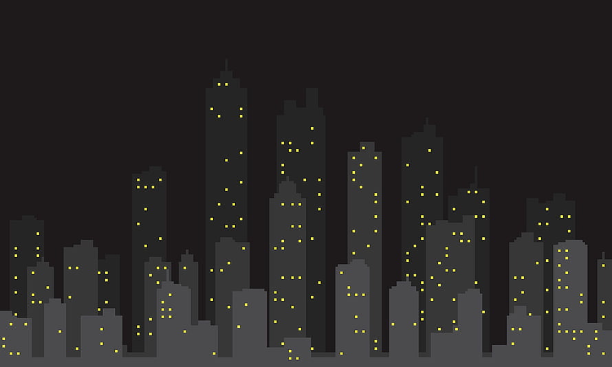 Pixel Art City Skyline at Night with Glowing Yellow Windows HD wallpaper