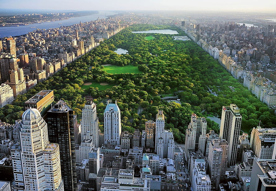 Aerial View of Central Park in New York City Surrounded by Manhattan Skyscrapers HD wallpaper