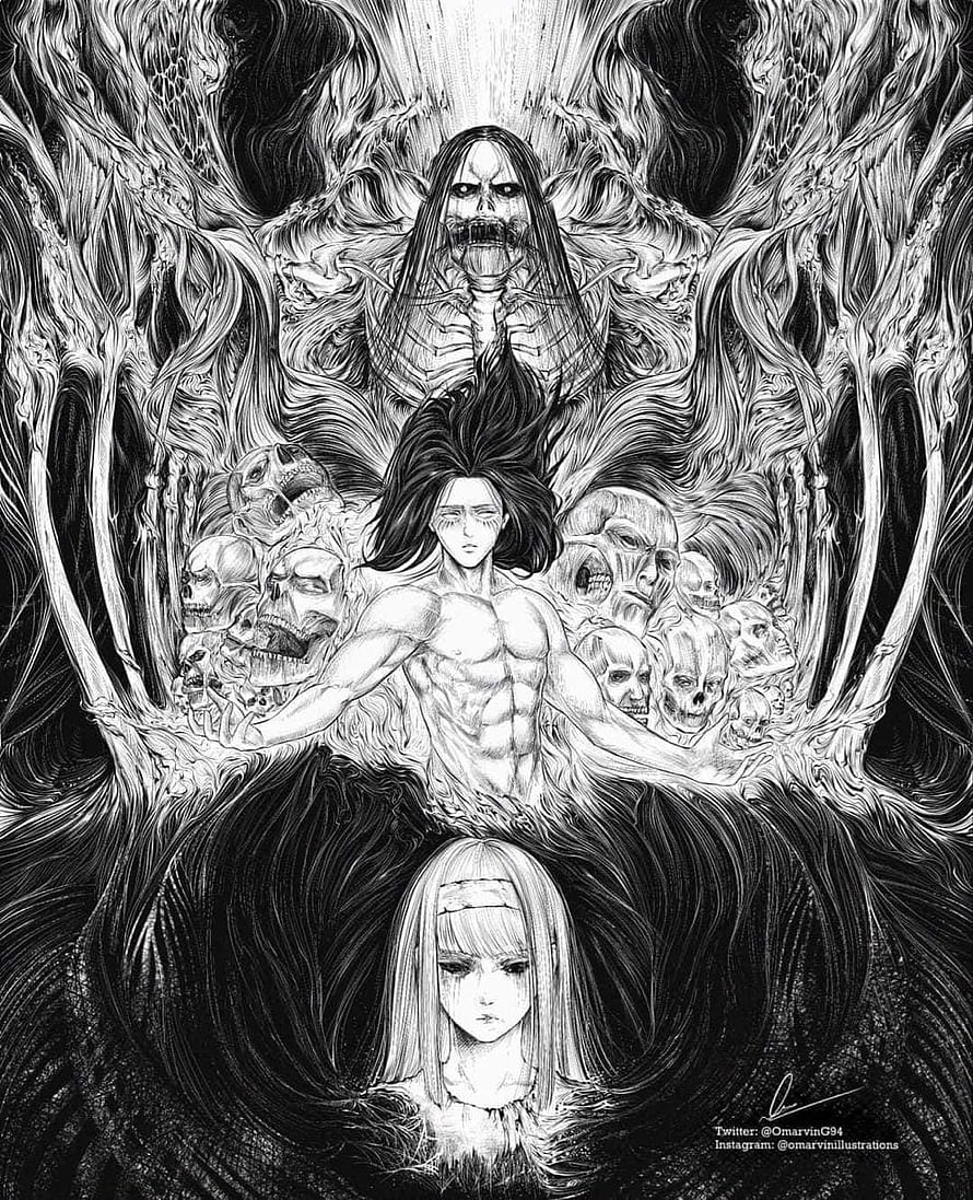 Eren Yeager and the Founding Titan in a Dark Monochrome Illustration HD phone wallpaper
