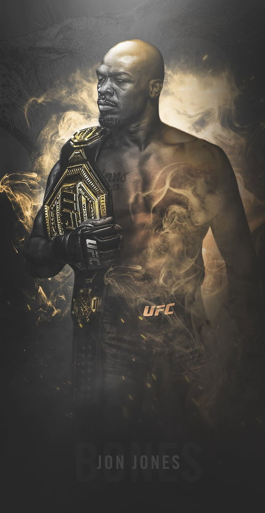 Jon Jones UFC Champion Portrait with Gold Belt and Dramatic Smoke Effects HD phone wallpaper