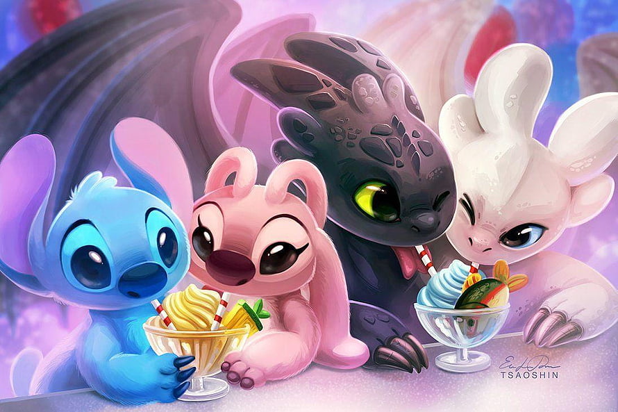 Stitch, Angel, Toothless, and Light Fury Sharing Ice Cream Sundaes HD wallpaper