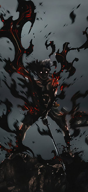 Dark Anime Warrior Wielding Sword Surrounded by Black Flames and Red Energy HD phone wallpaper
