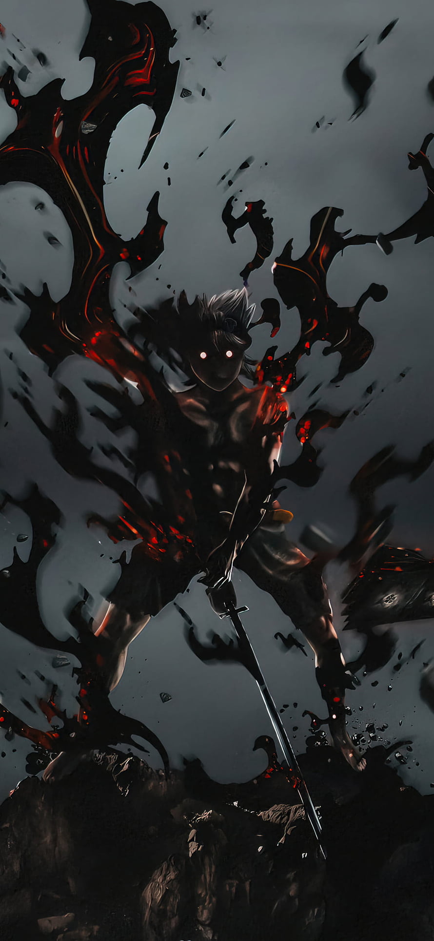 Dark Anime Warrior Wielding Sword Surrounded by Black Flames and Red Energy HD phone wallpaper
