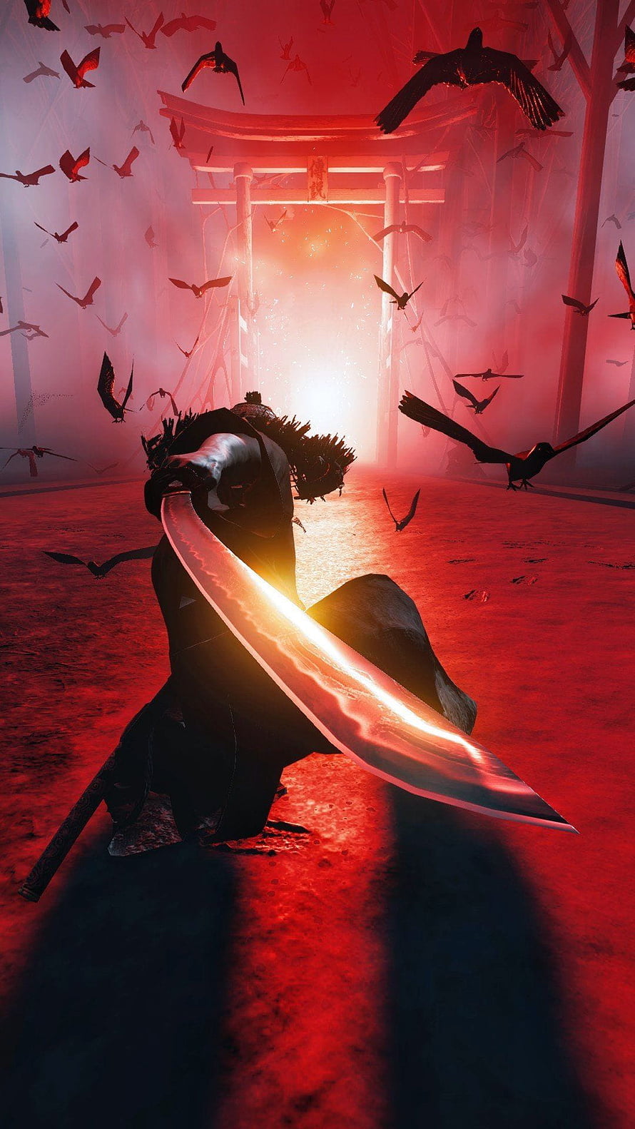 Samurai Warrior With Glowing Katana Before Torii Gate Amidst Flock of Crows HD phone wallpaper