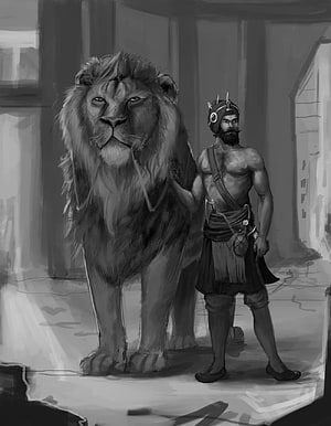 Black and white digital painting of a muscular warrior standing beside a massive lion in an ancient architectural setting HD phone wallpaper
