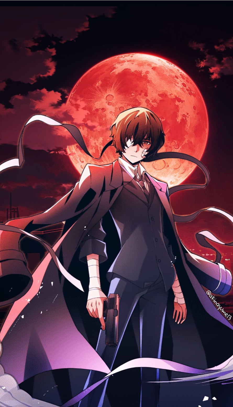 Dazai Osamu in a dark suit holding a pistol beneath a massive red moon HD phone wallpaper