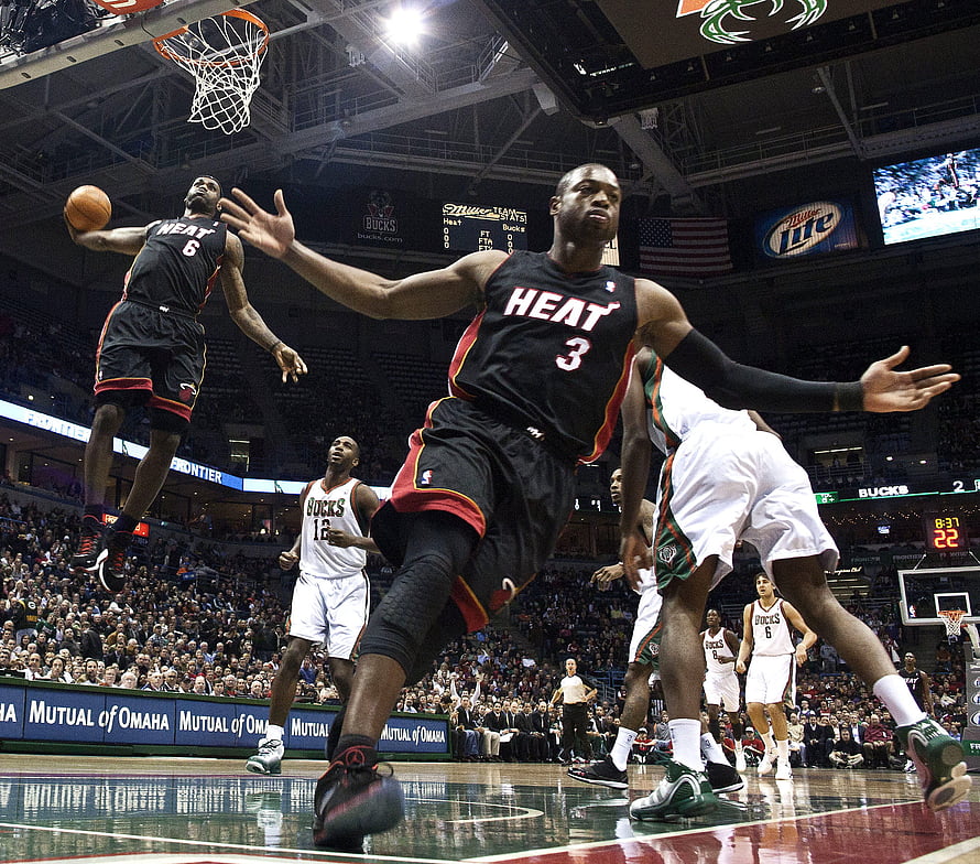 Dwyane Wade and LeBron James Miami Heat Action Shot vs Milwaukee Bucks HD wallpaper