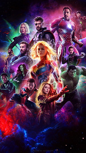 Avengers Endgame Ensemble Cast Hero Poster with Cosmic Nebula Background HD phone wallpaper