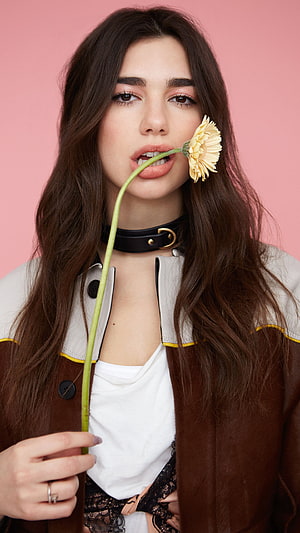 Dua Lipa Portrait With Yellow Flower And Black Choker On Pink Background HD phone wallpaper