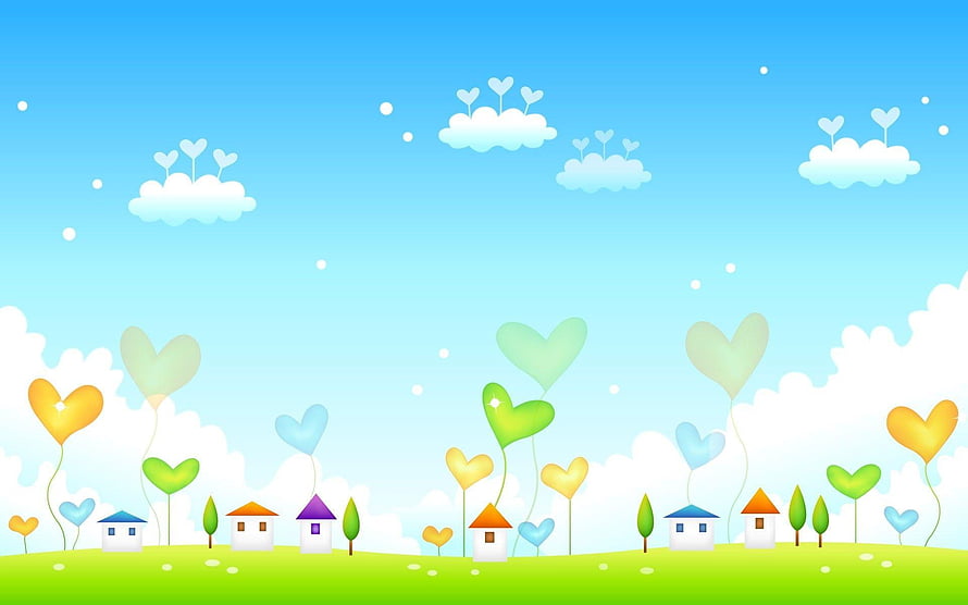 Cute Cartoon Village With Heart Balloons And Clouds On Green Hill HD wallpaper