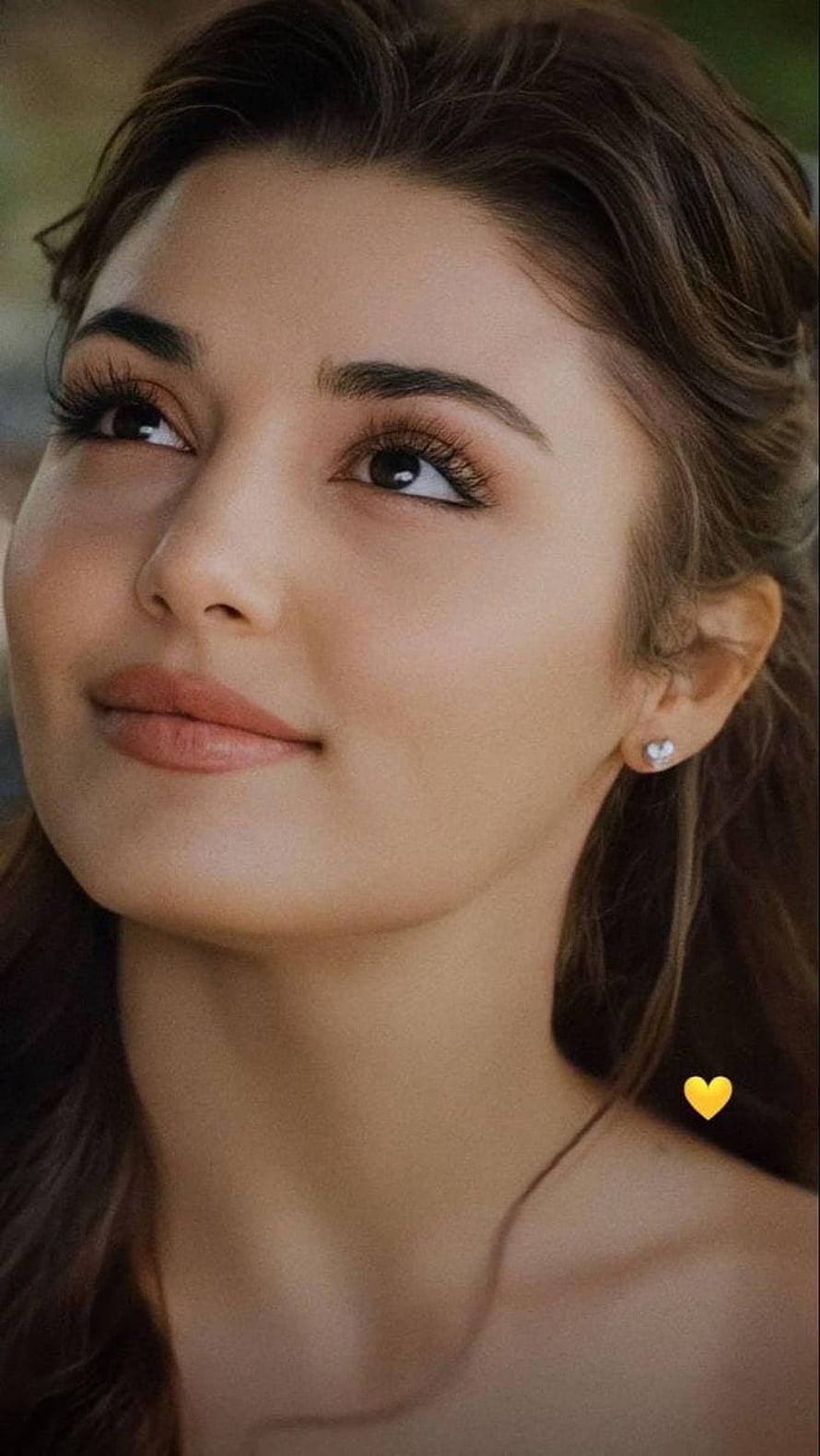 Hande Ercel Close-Up Portrait with Soft Natural Makeup and Heart Earring HD phone wallpaper
