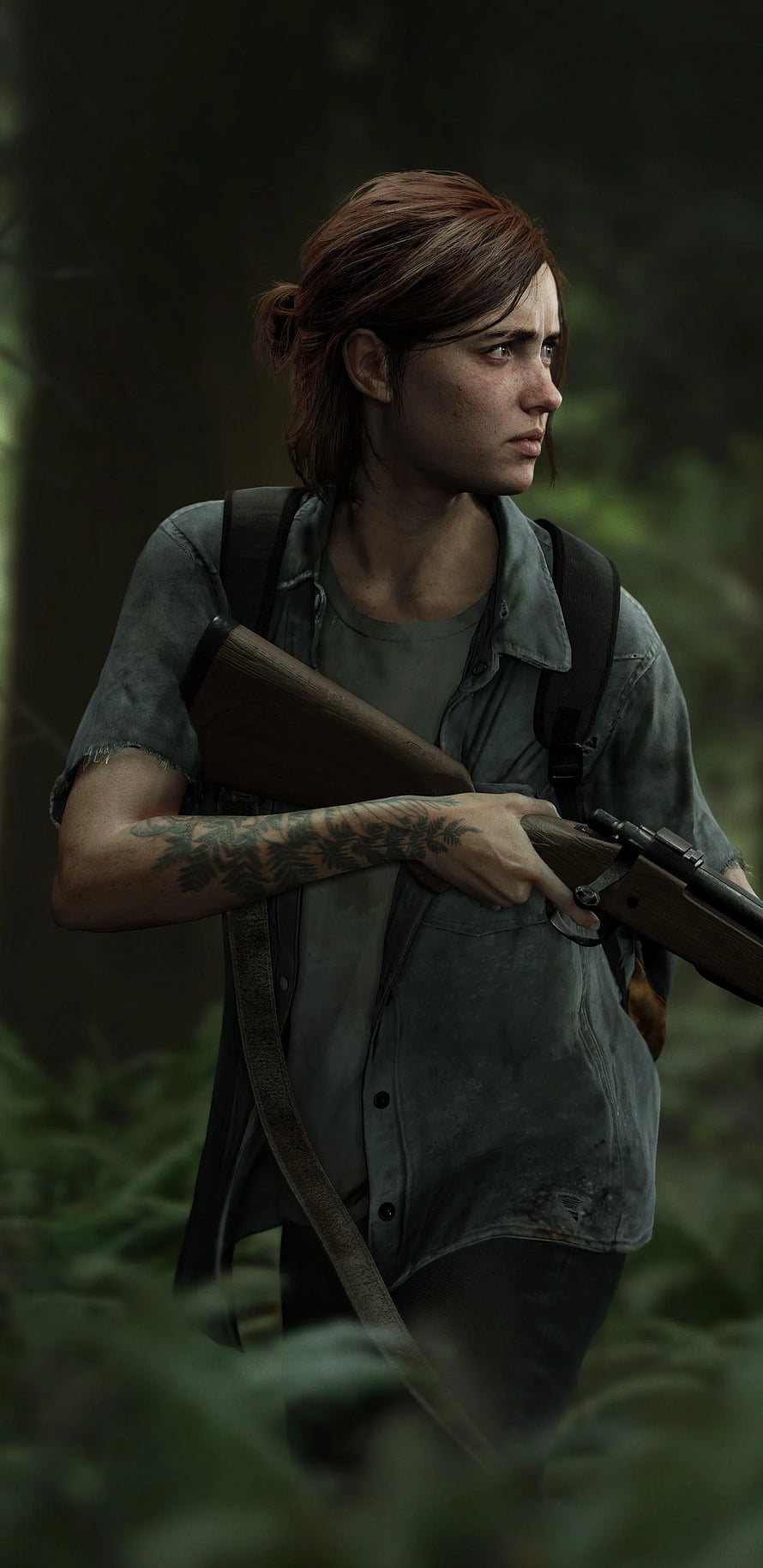 Ellie from The Last of Us Part II holding a rifle in a forest setting HD phone wallpaper