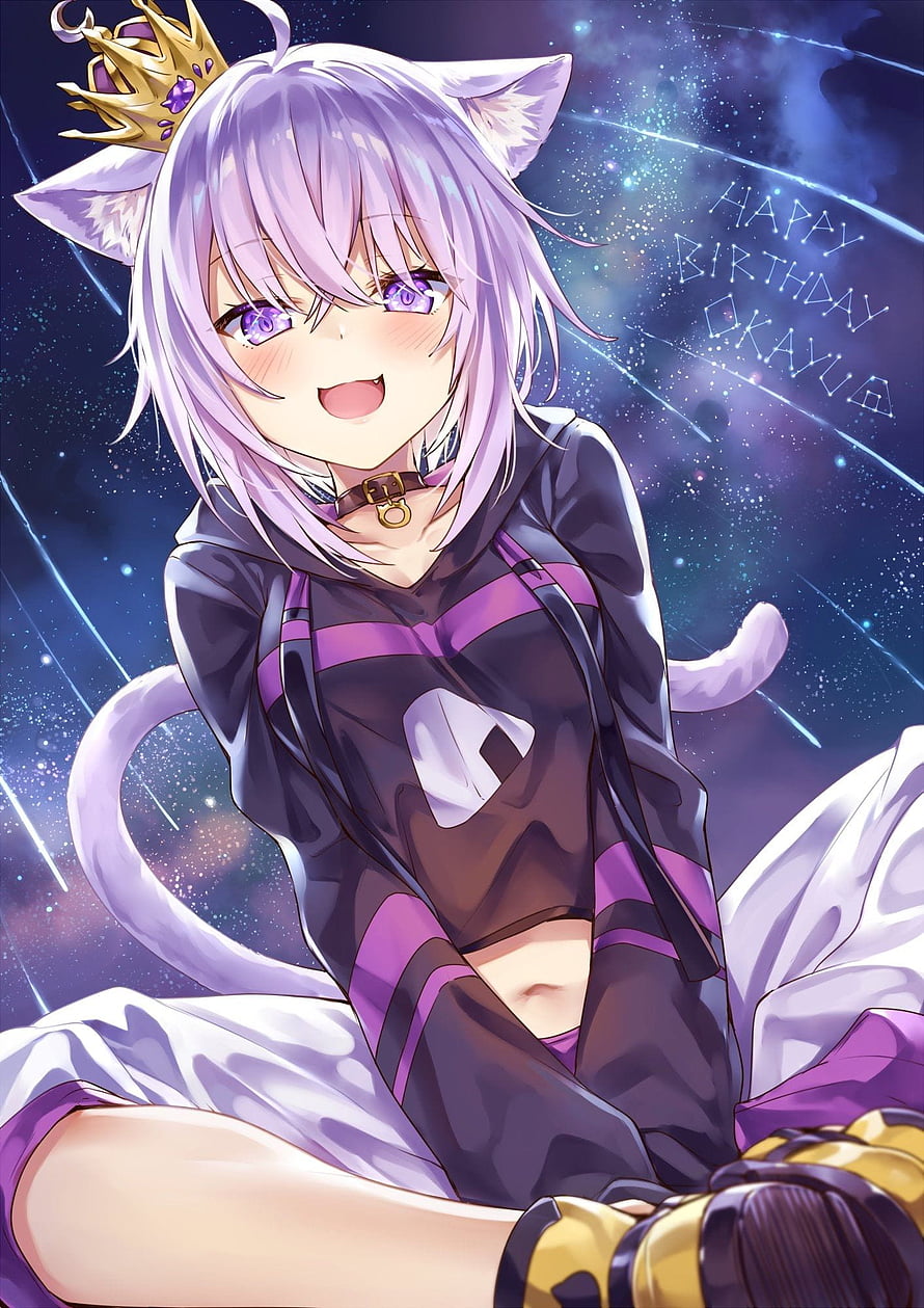 Nekomata Okayu Birthday Illustration with Crown and Cosmic Background HD phone wallpaper