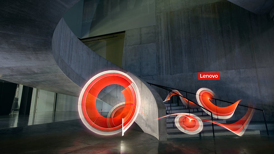 Lenovo Logo Displayed in Modern Concrete Architecture with Red Light Trails HD wallpaper