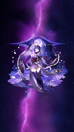 Raiden Shogun in a Cosmic Setting with Purple Nebula and Cherry Blossoms HD phone wallpaper