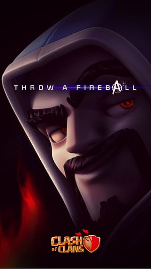 Clash of Clans Hooded Wizard Character with Glowing Red Eyes and Fireball Text HD phone wallpaper
