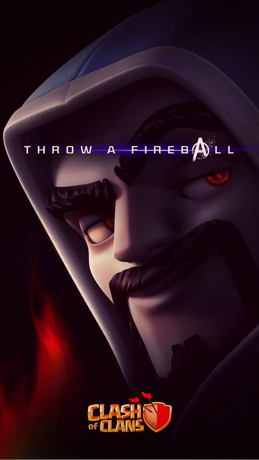 Clash of Clans Hooded Wizard Character with Glowing Red Eyes and Fireball Text HD phone wallpaper