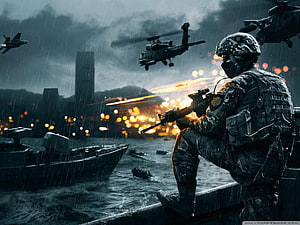 Soldier Firing Rifle in Rainy Combat Zone with Helicopters and Naval Vessels HD wallpaper