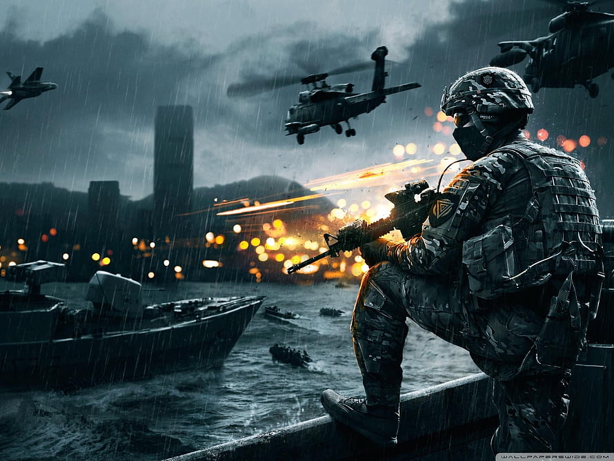 Soldier Firing Rifle in Rainy Combat Zone with Helicopters and Naval Vessels HD wallpaper