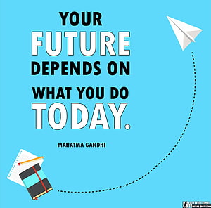 Mahatma Gandhi Quote on Future and Daily Action with Paper Plane and Notebook HD wallpaper