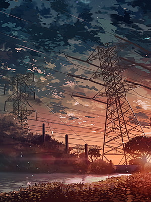 Anime Style Sunset Landscape With Power Lines And River HD phone wallpaper