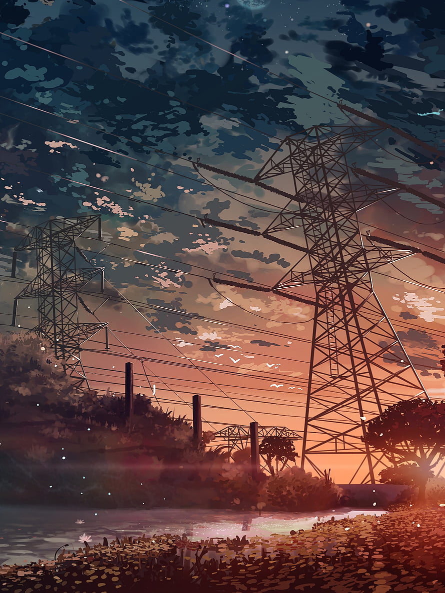 Anime Style Sunset Landscape With Power Lines And River HD phone wallpaper
