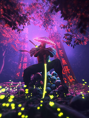 Neon Samurai Warrior with Glowing Katana and Straw Hat in Cyberpunk Forest HD phone wallpaper
