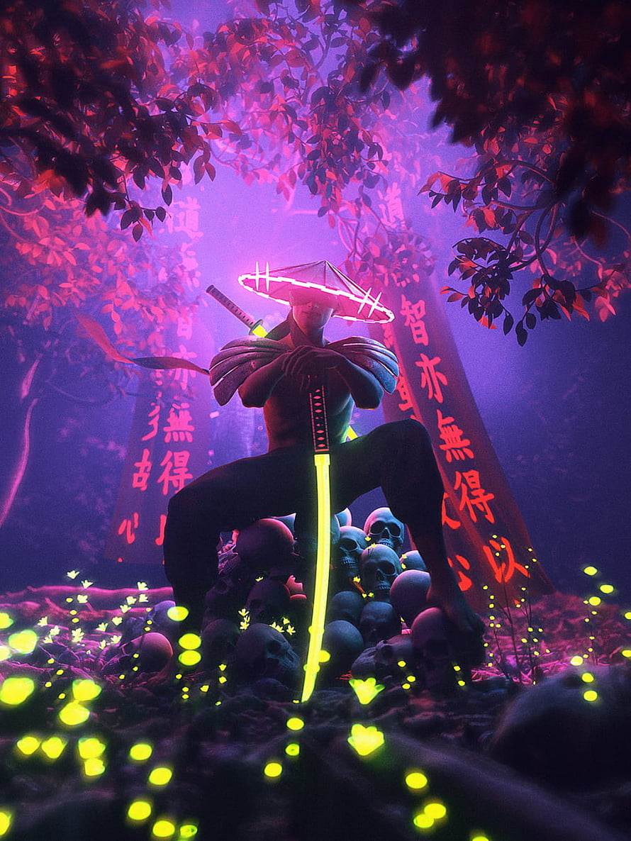Neon Samurai Warrior with Glowing Katana and Straw Hat in Cyberpunk Forest HD phone wallpaper