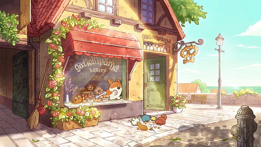 Cozy Corgi Bakery Scene in a Charming European Town Square HD wallpaper