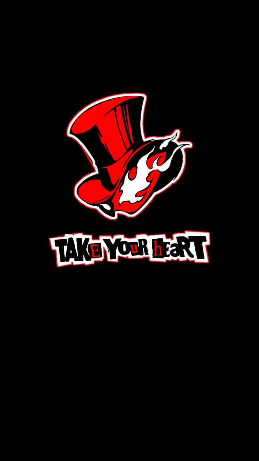 Persona 5 Take Your Heart Logo with Red Top Hat and Flame Emblem on Black Background HD phone wallpaper