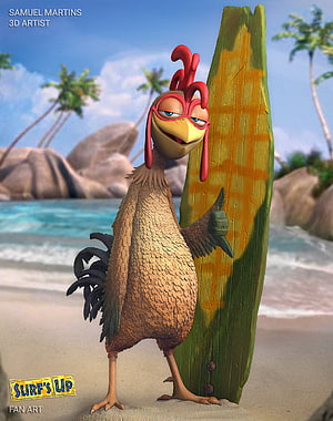 Chicken Joe from Surf's Up Leaning on a Surfboard on a Tropical Beach HD phone wallpaper
