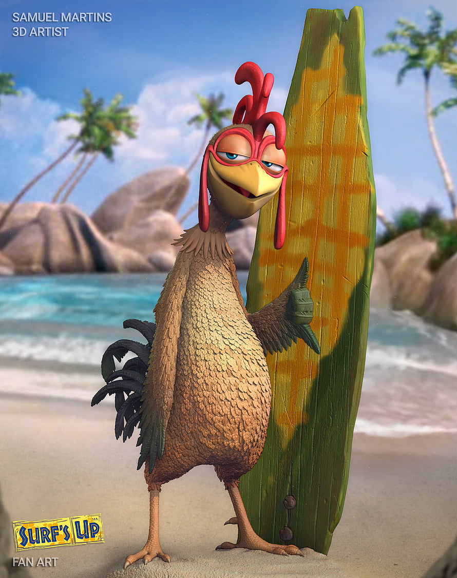 Chicken Joe from Surf's Up Leaning on a Surfboard on a Tropical Beach HD phone wallpaper