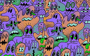 Psychedelic Halloween Monster Crowd Illustration with Vibrant Purple and Green Palette HD wallpaper