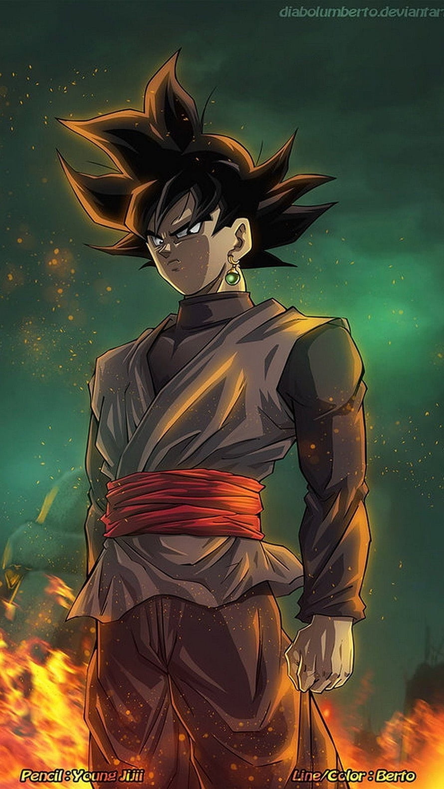 Goku Black Anime Character in Traditional Attire Amidst Fiery Embers HD phone wallpaper