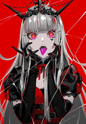 Mori Calliope Anime Portrait with Silver Hair and Red Eyes in Gothic Outfit HD phone wallpaper
