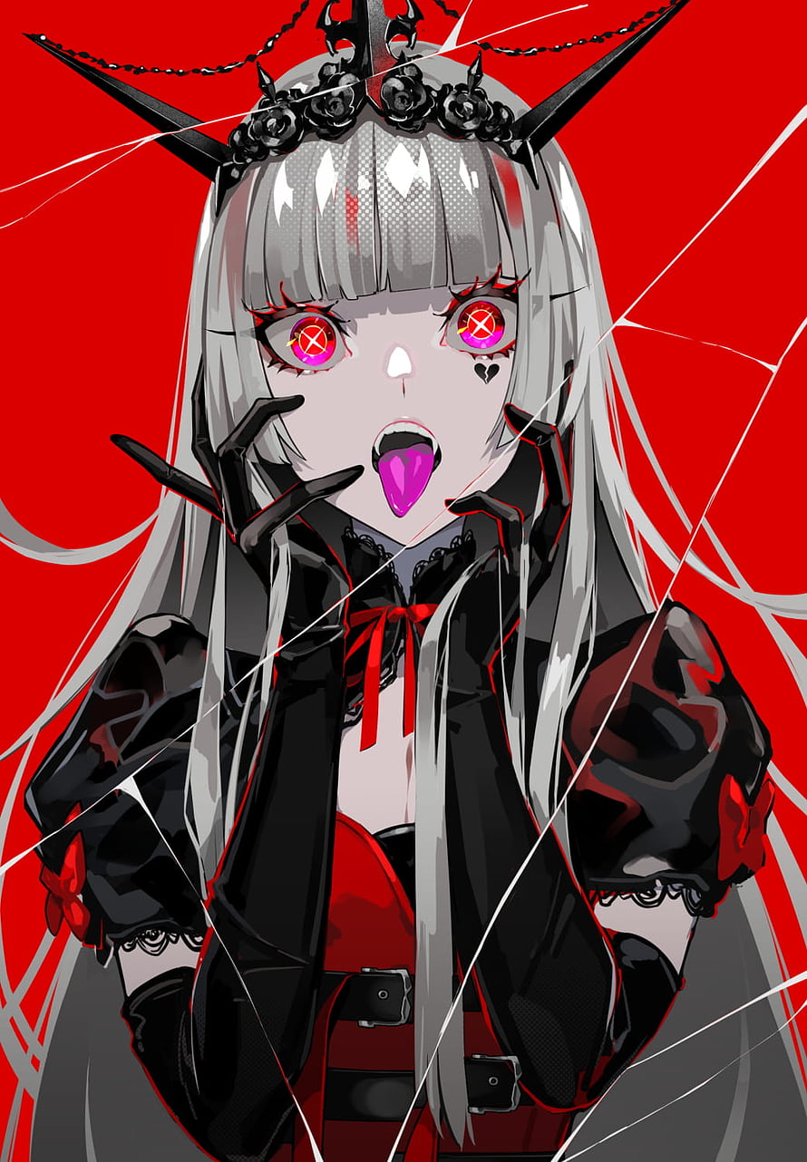 Mori Calliope Anime Portrait with Silver Hair and Red Eyes in Gothic Outfit HD phone wallpaper