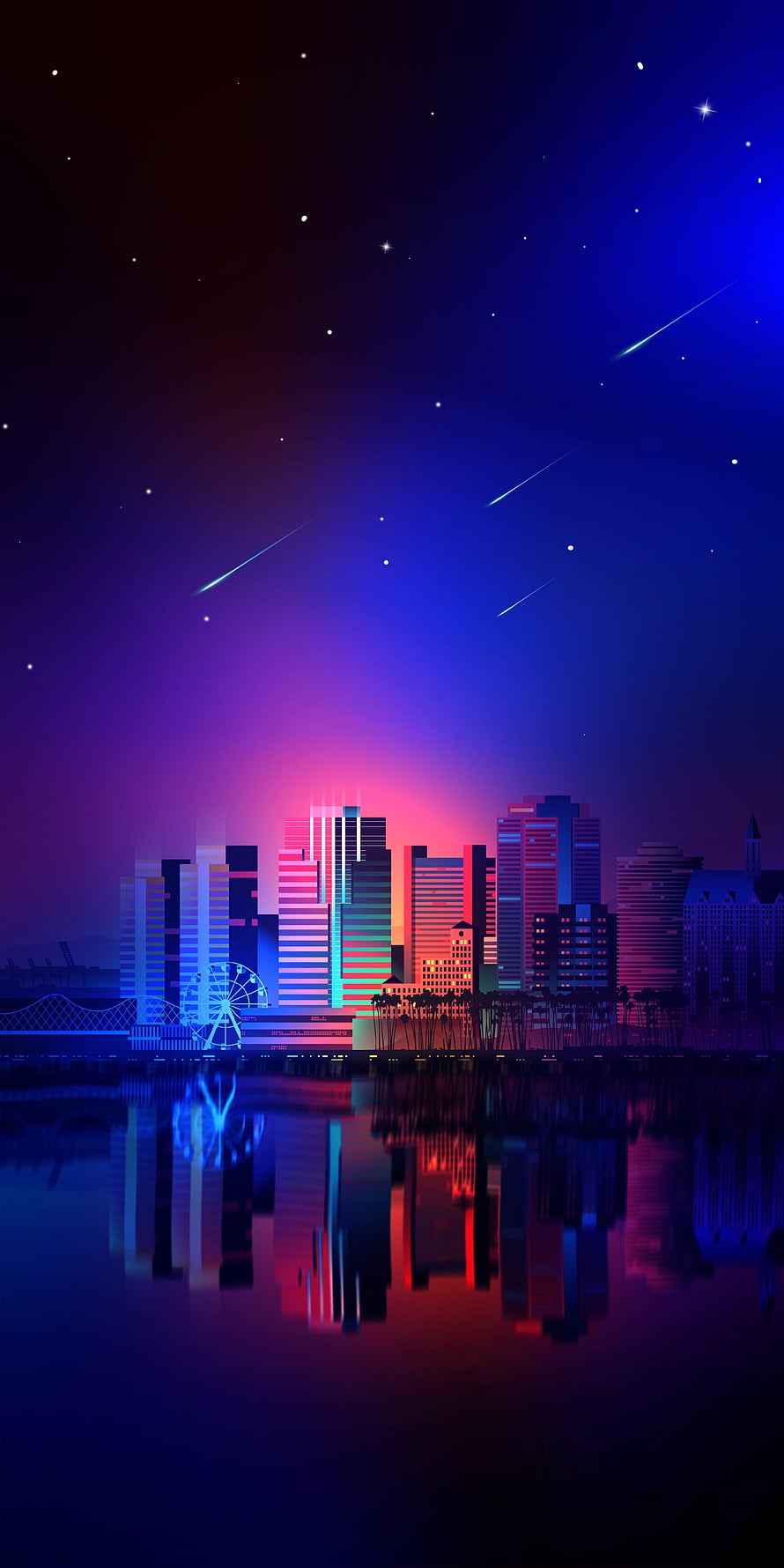 Neon Cyberpunk Cityscape at Night with Shooting Stars and Water Reflections HD phone wallpaper