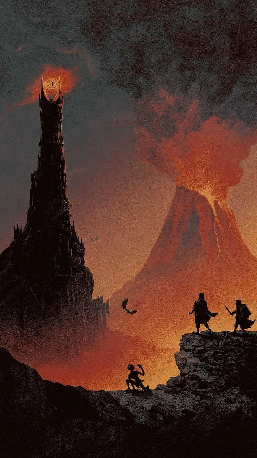 Dark Fantasy Illustration of Silhouetted Adventurers Facing a Volcano and Spire HD phone wallpaper