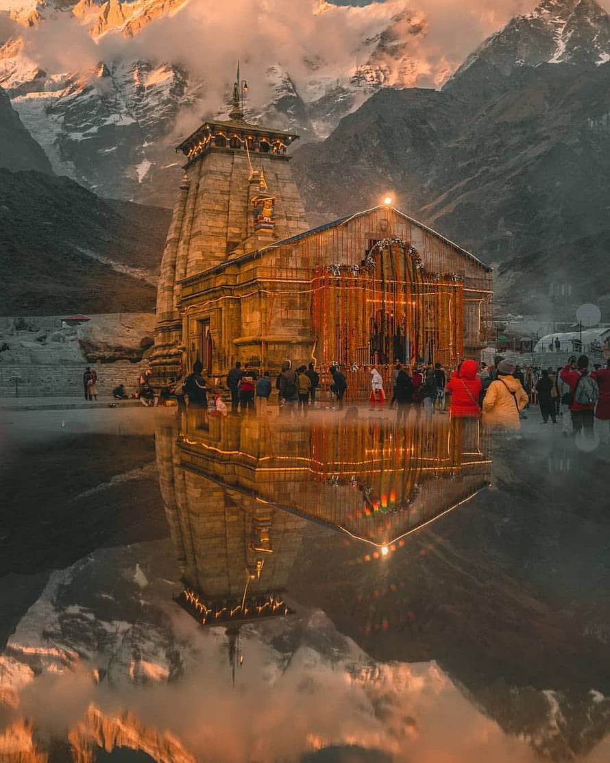 Kedarnath Temple at Golden Hour with Snow-Capped Himalayan Peaks and Reflections HD phone wallpaper