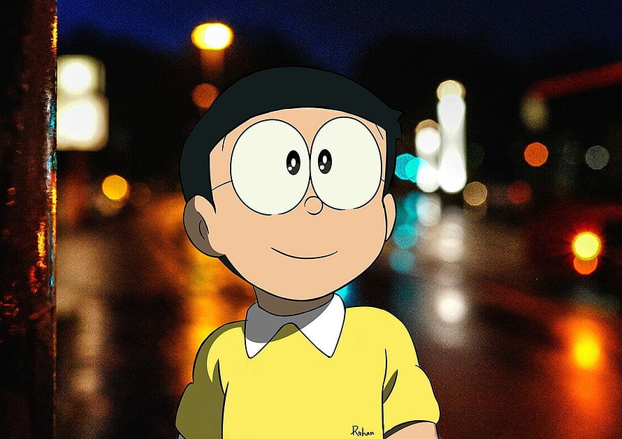 Nobita Nobi from Doraemon smiling in front of a rainy city street at night with bokeh lights HD wallpaper