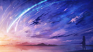 Your Name Anime Skyline with Meteor Arc and Silhouette at Dusk HD wallpaper