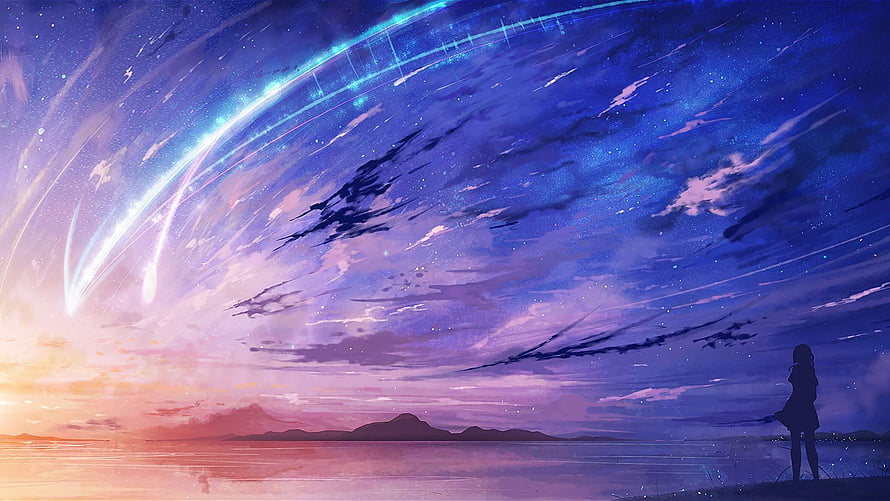 Your Name Anime Skyline with Meteor Arc and Silhouette at Dusk HD wallpaper
