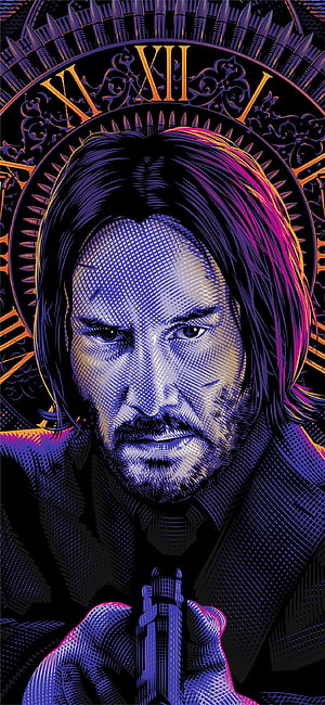 John Wick 4 stylized portrait with gun and clock face background HD phone wallpaper