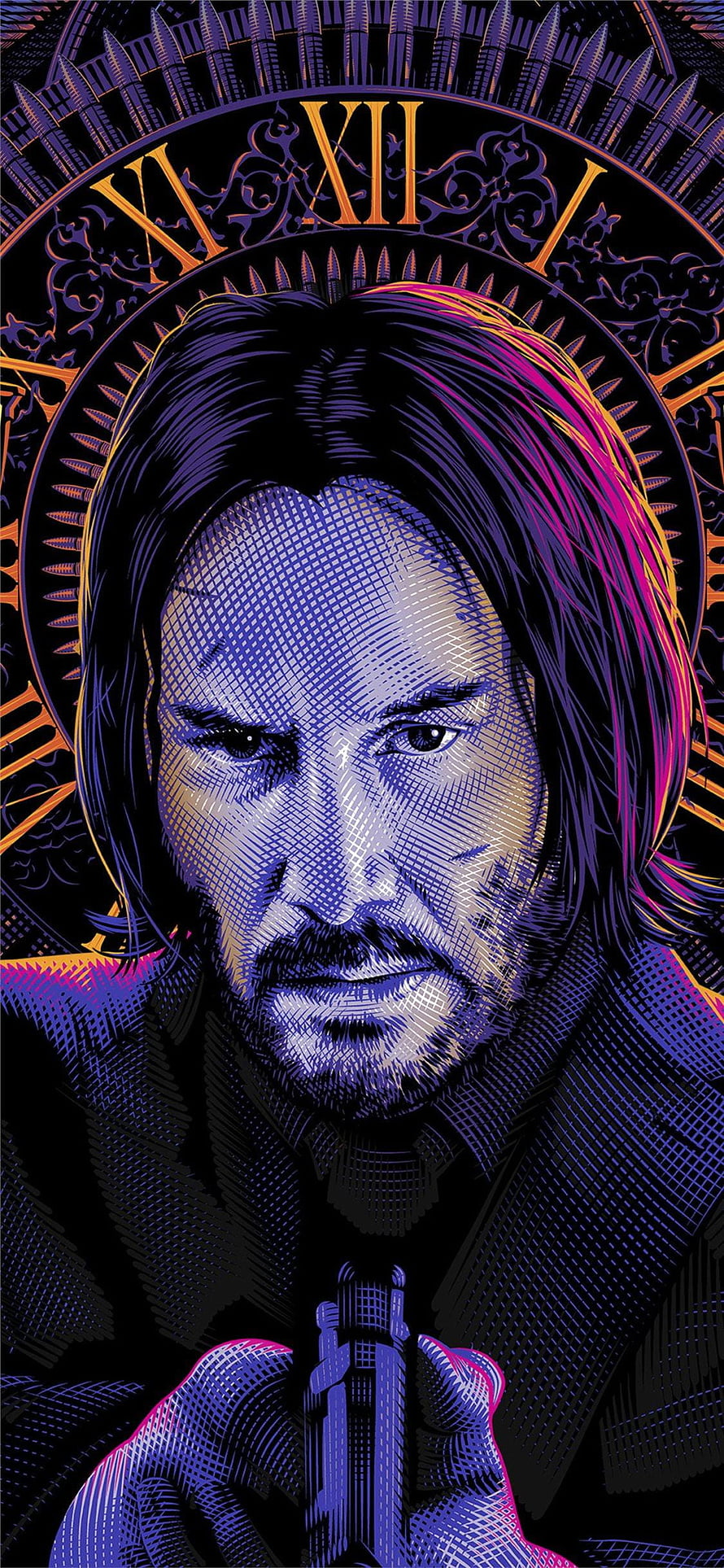 John Wick 4 stylized portrait with gun and clock face background HD phone wallpaper