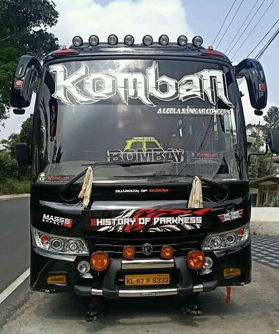 Komban Themed Black Indian Bus with Custom Decals and Roof Lights HD phone wallpaper