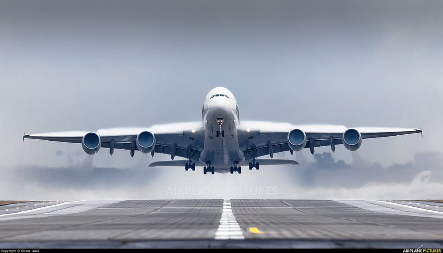 Airbus A380 Heavyweight Jetliner Taking Off From Runway Under Overcast Sky HD wallpaper