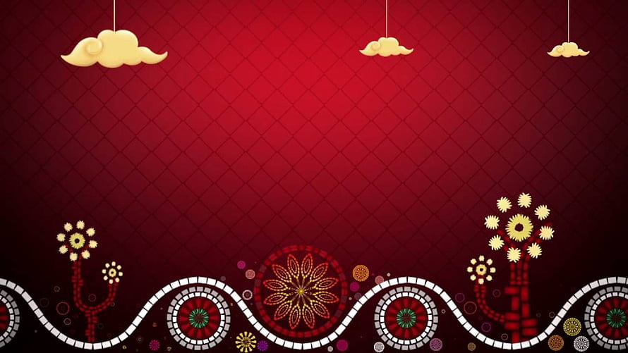 Festive Red Background with Golden Clouds and Floral Patterns HD wallpaper
