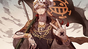 Trafalgar Law from One Piece in Watercolor Style with Skull Flag and Gold Chains HD wallpaper
