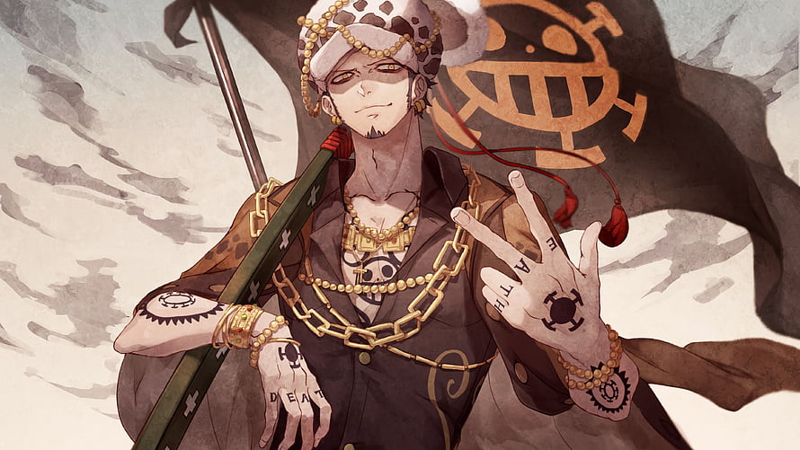 Trafalgar Law from One Piece in Watercolor Style with Skull Flag and Gold Chains HD wallpaper