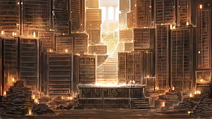 Library of Ruina Concept Art: Towering Bookshelves and Glowing Staircase HD wallpaper